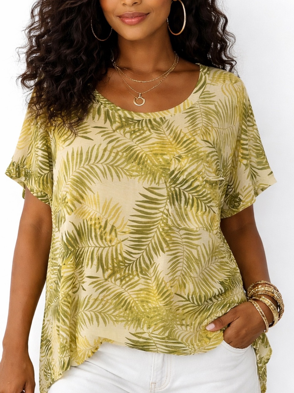 FOREVER 21 OLIVE GREEN CREAM LEAF LYOCELL T-SHIRT LARGE NWT
